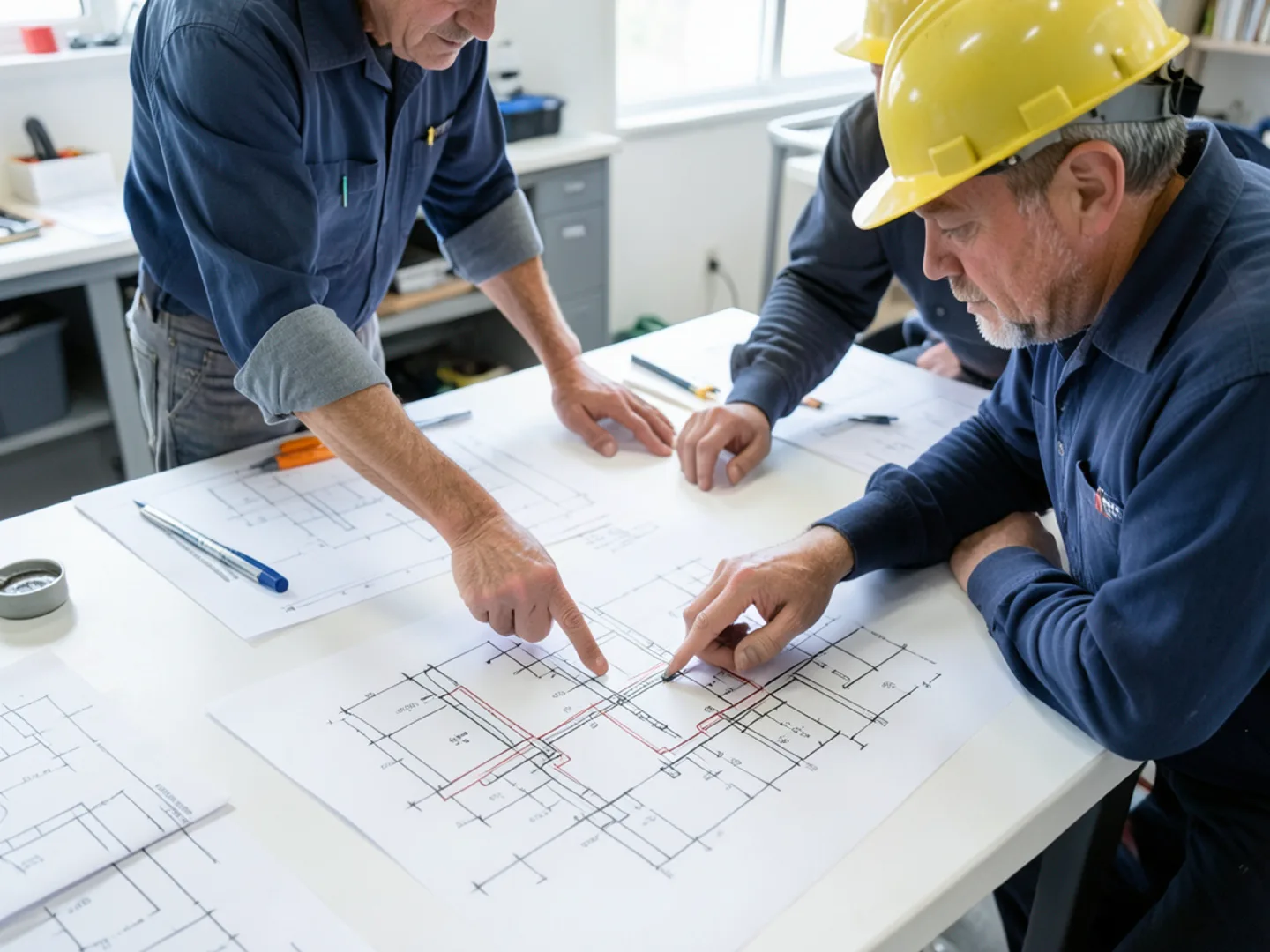 Plumbing technicians reviewing diagnostic scans and pipe schematics in Upland