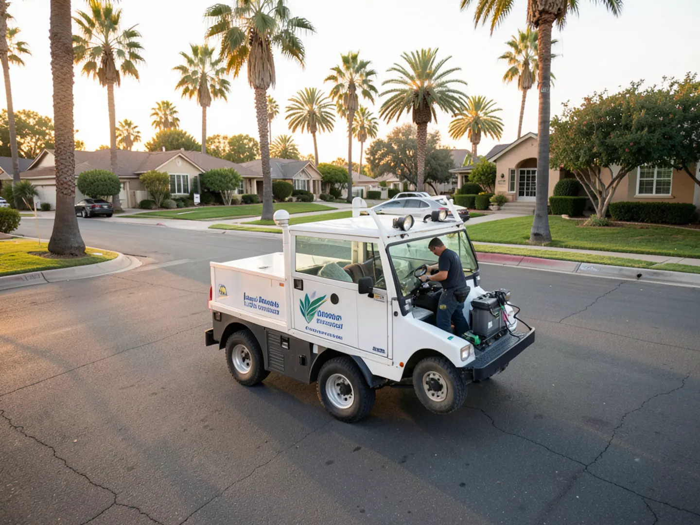 Plumbing service vehicle navigating Southern California residential neighborhood