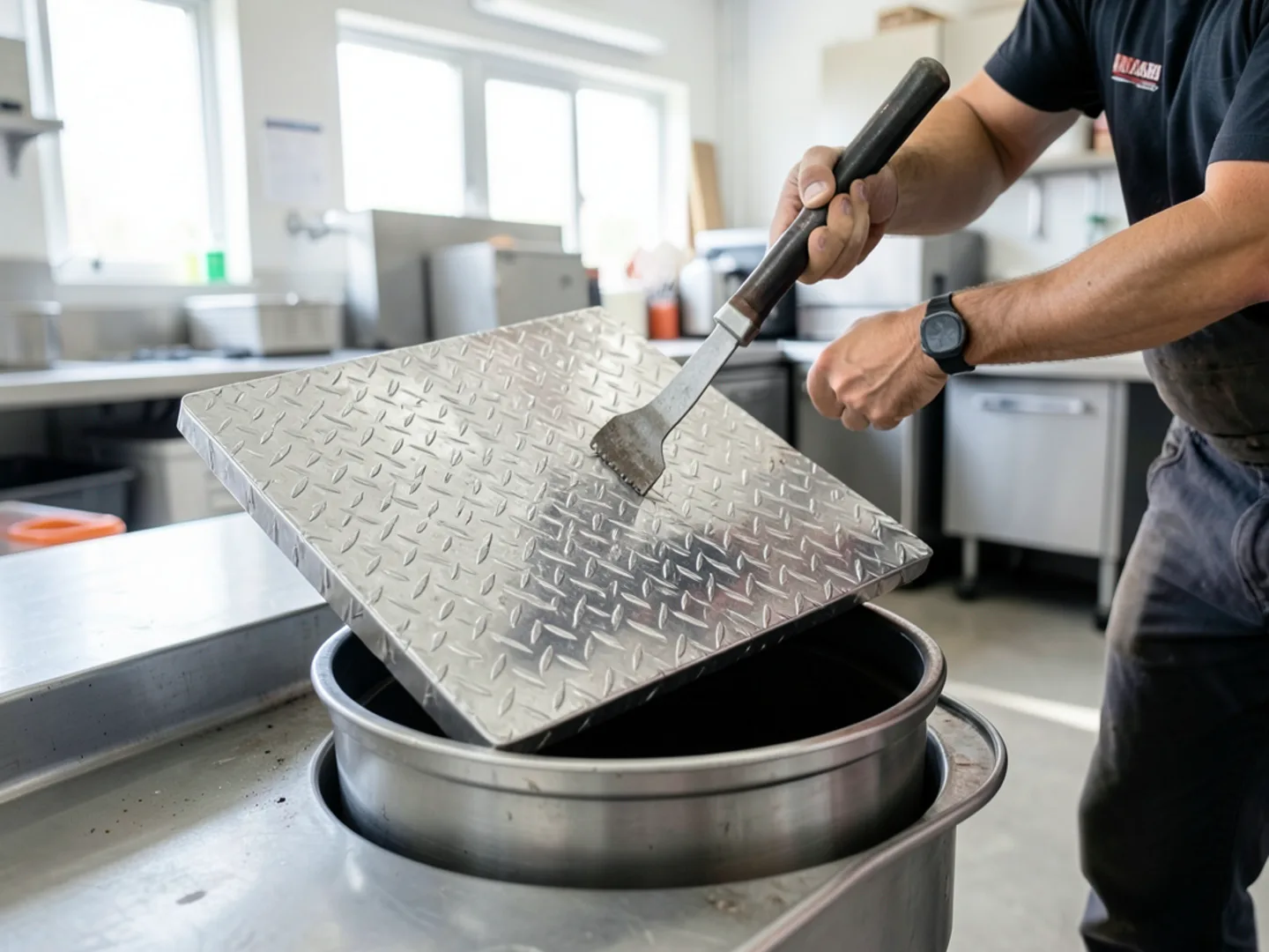 Inspecting commercial kitchen grease trap - Plumbing Services Upland CA