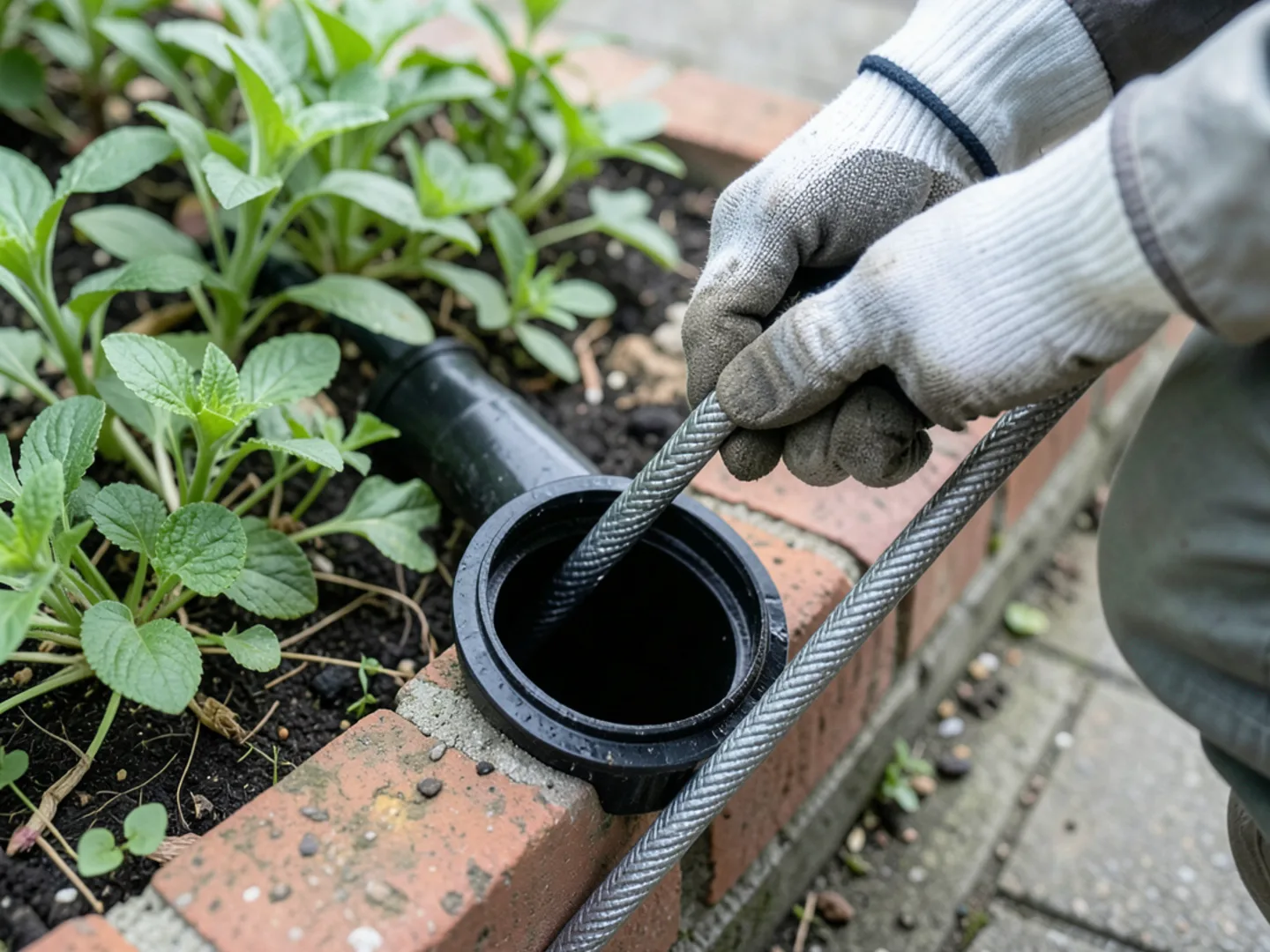 Feeding drain snake into exterior cleanout - Plumbing Services Upland CA