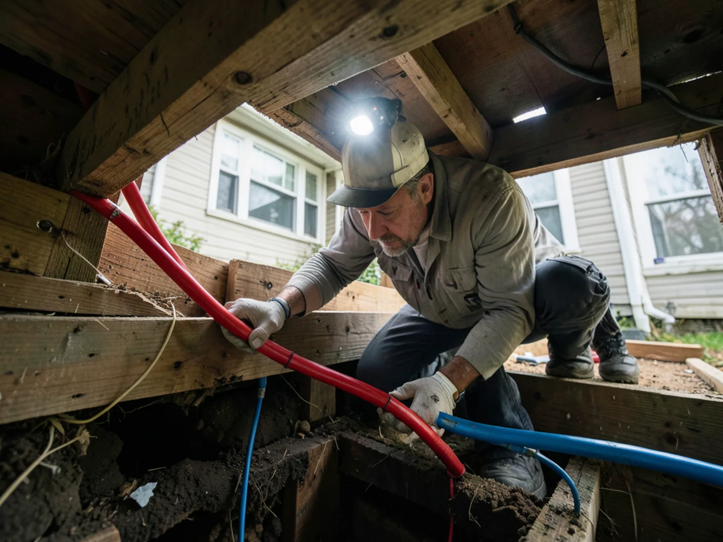 Threading pex lines through floor joists - Plumbing Services Upland CA