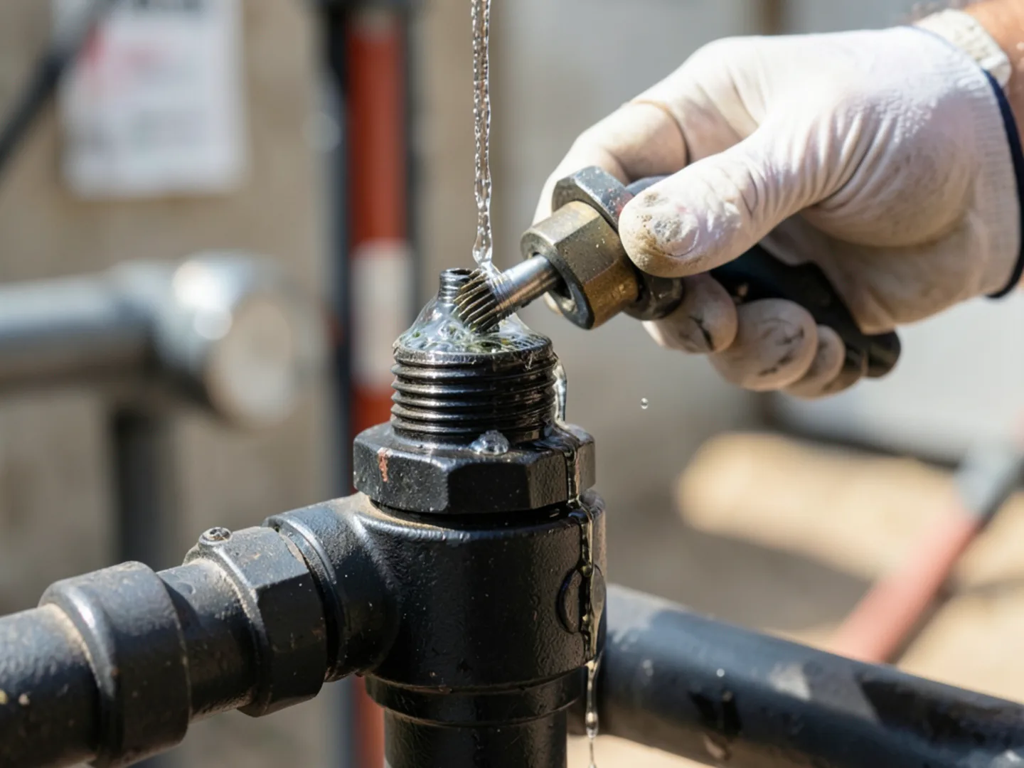 Applying soap solution to gas pipe - Plumbing Services Upland CA