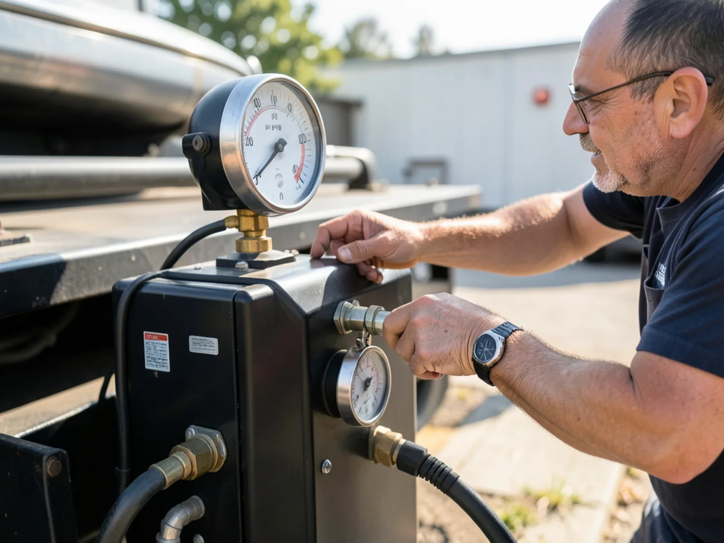 Technician monitoring hydro jetter pressure gauge - Plumbing Services Upland CA