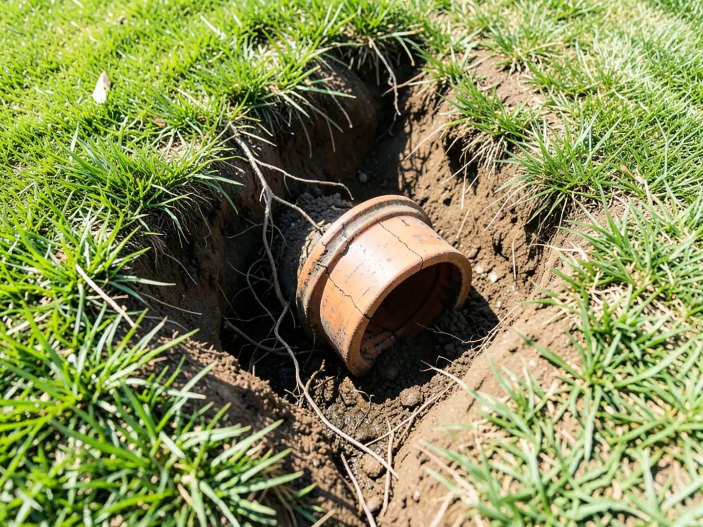 Excavated trench showing damaged clay pipe - Plumbing Services Upland CA